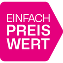 Pinkes Preiswert‑Symbol mit Schriftzug Einfach Preiswert, Hinweis auf Sparvorteile und günstige Angebote.